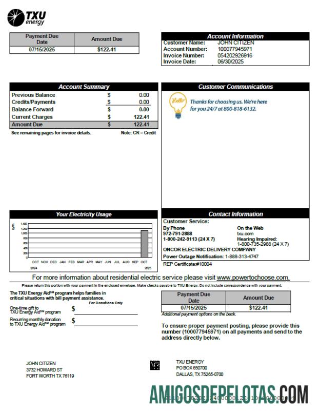 imprimível Modelo de fatura de serviços públicos de energia TXU dos EUA em formatos Word e PDF, versão 2
